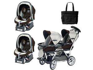   stroller with two car seats and a diaper bag java be the first to