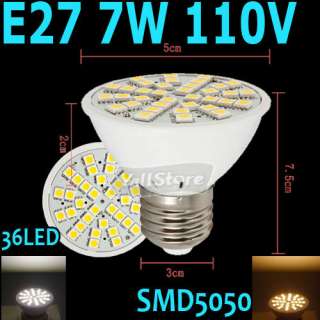 E27 7W 110V SMD5050 550LM Warm White/Pure White 36LED Lamp Light Bulb 