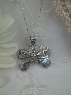 925 Sterling Silver & Abalone Shell Butterfly Necklace Beautiful 