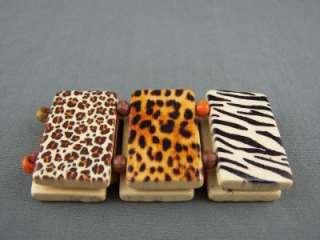 wide cheetah leopard animal print wood bead stretch bracelet NEW 