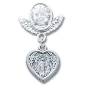 Baby Pin, Angel Wings With Small Miraculous Heart St Sterling Silver 