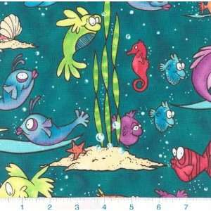  45 Wide Animated Fish Green Fabric By The Yard Arts 