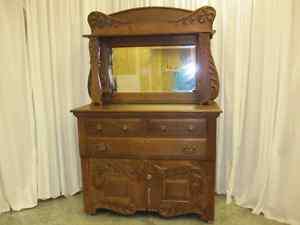 Antique Victorian Style Sideboard Buffet Bevel Mirror  