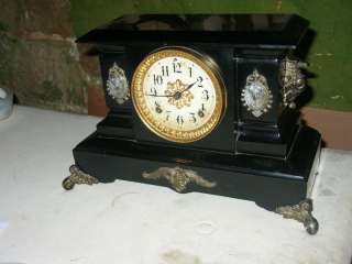Antique Ansonia Butte Model Enameled Iron Mantel Clock   