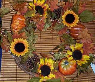 Fall Harvest Floral Wreath Silk Sunflowers Halloween Pumpkin Holiday 