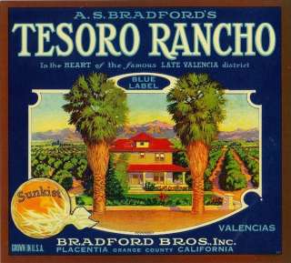 Tesoro Rancho Vintage Orange Crate Label Placentia, CA  