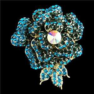 Rose Flower Brooch Pin Blue Swarovski Crystal Pendent Floral  