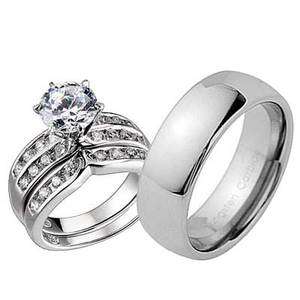   Sterling Silver Tungsten Round CZ Wedding Bridal Ring Set His Hers