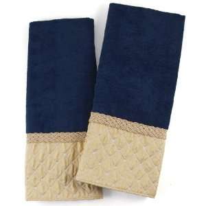   Blue Cotton Hand Towel With Gold Trim, Set Of 2