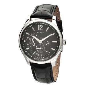   Round Case Black Dial Black Leather Strap Watch Guess Watches