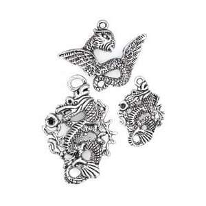 Blue Moon Enchanted Planet Metal Charms Dragons Ant. Silver 3/Pkg EPMC 