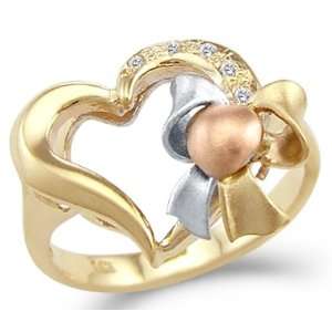   Tri Color Gold Ladies Love Heart Bow CZ Cubic Zirconia Ring Jewelry