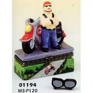  Porcelain Hinged Boxes Biker Man Hog w/ Motorcycle 