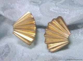 1970s Vintage Clip Back Earrings Fan Shaped Button Gold Tone  