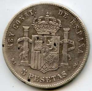 Spain 1885 Silver Coin   5 Pesetas   Alfonso XII   Plata z834  