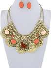 Chunky Gold Tone Filigree Coral Color Accents Costume J