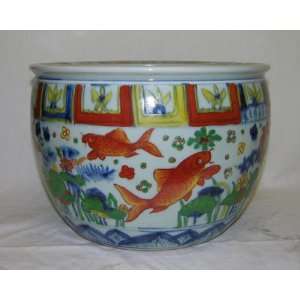  Oriental Chinese Polychrome Fencai Porcelain Fishbowl Planter 