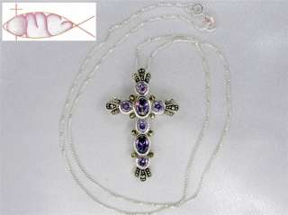   Sterling Silver Amethyst & Marcasite Cross Pendant/Necklace  