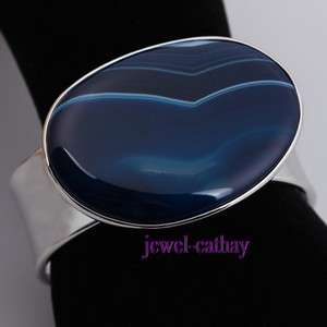 Stunning Dark Blue stripe Agate Gem BEADS cuff Bracelet  