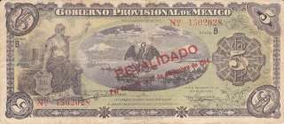 Mexico $ 5 Pesos Gobierno Provisional de Mexico 1914.  