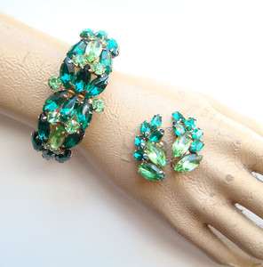  Rhinestone Hinged Clamper Bracelet Earrings Emerald Green Goldtone