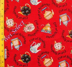 Mary Engelbreit Cotton Fabric ~ Retro Tea   teapot tossed RED BTY 