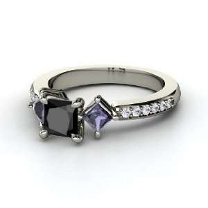 Caroline Ring, Princess Black Diamond 14K White Gold Ring with Iolite 
