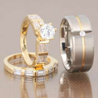   Mens Womens Gold EP Titanium Cubic Zirconia Wedding Ring Set  