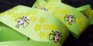 Yard Bee Flowers Print 1.5 on Green Grosgrain Ribbon  