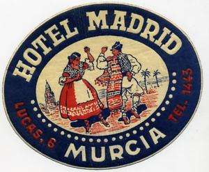 Hotel Madrid   MURCIA / SPAIN   Old Luggage Label  