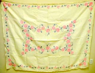VTG Pink Hydrangea Gray Leaves Hand Embroidered Linen Table Cloth 