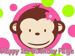 PINK MOD Monkey Edible Birthday CAKE Image Icing Topper  