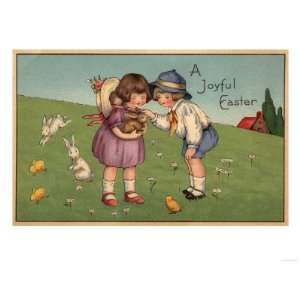  A Joyful Easter   Kids Holding a Bunny Giclee Poster Print 