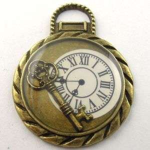 Atq bronze look round charm key with clock pendant 5pcs  