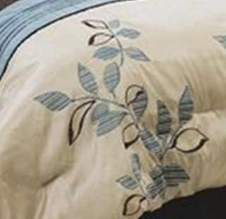  7pc blue beige embroidery leaves design king size comforter 