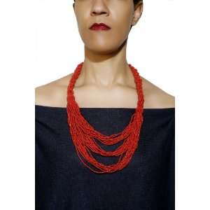   Unique Red Twist Cascading Multi Strand Glass Bead Necklace Jewelry