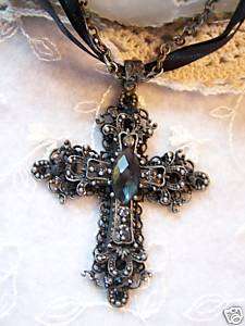 Large Black Rhinestone Victorian Style Cross Necklace  