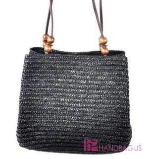 NEW Black Straw Handbag Purse Tote with Leather Strap  