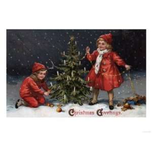  Christmas Greetings   Kids Decorating a Tree Giclee Poster 