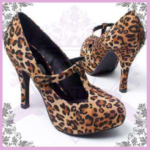 LEOPARD T STRAP MARY JANE HIGH HEEL PLATFORM PUMPS SZ 7  