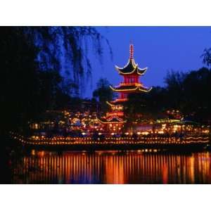 Tivoli Gardens Chinese Pagoda Restaurant at Night, Copenhagen, Denmark 