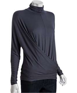Three Dots grey slate stretch jersey ruched front turtleneck shirt