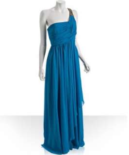 Notte by Marchesa peacock blue silk chiffon jeweled one shoulder gown 