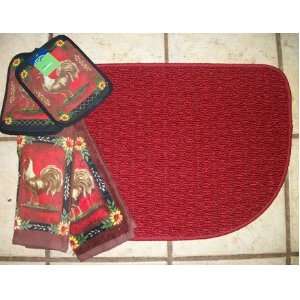 Red Slice 18 x 27 inch Kitchen Rug and 2 Matching Soft 100% Cotton 