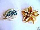 TWO Vintage Leaf & Flower PINS Signed CORO AB Glass WOW