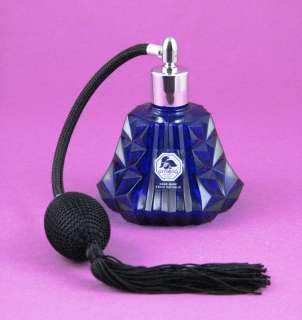 Cobalt Blue Cut Glass Perfume Bottle w Atomizer from Czech Republic 