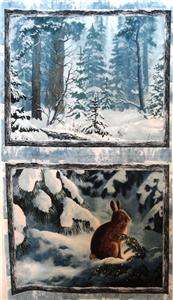 New Snow Trees Rabbit Bunny Winter Woods Fabric Panel  