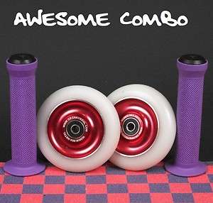 Red White Metal Core Scooter Wheels + Purple Handle Bar Grips + Grip 