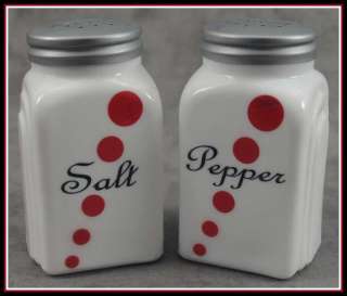 MILK WHITE GLASS ARCH RED DOT SALT & PEPPER SHAKER SET  