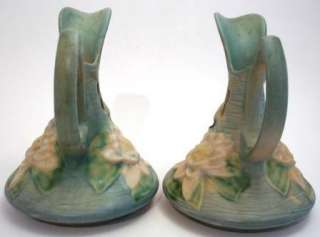 Pair Roseville Pottery Blue Green Water Lily Ewers Pitchers Vases 